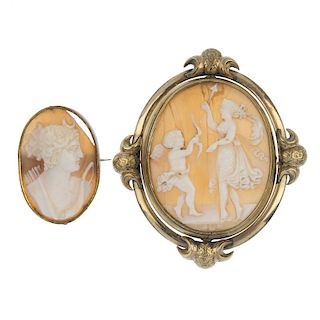Two cameos. The larger of oval outline, the shell carved to depict Venus and Cupid, rotating within