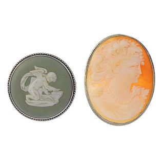 A selection of cameo brooches. To include a circular Wedgwood brooch and four cameo brooches, all of