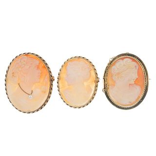 Three 9ct gold cameo brooches. All designed as oval-shape shell cameos, carved to depict ladies in p