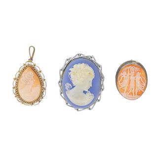 A selection of cameo jewellery. To include brooches and necklaces, most of oval outline depicting a
