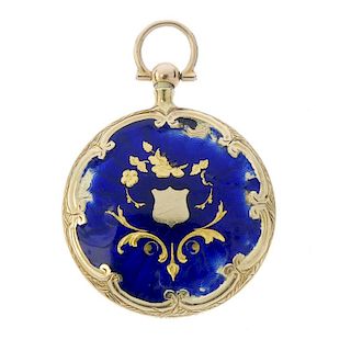 An early 20th century enamel locket. The circular locket with blue enamel to the reverse, to the scr