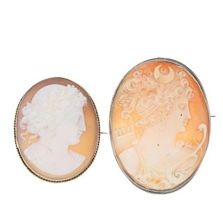 Two cameo brooches and a Wedgwood brooch. The first cameo carved to depict Diana, Goddess of the Hun