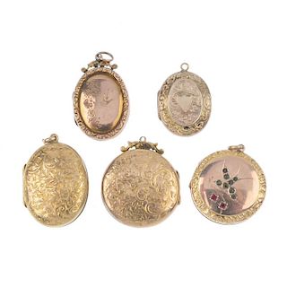 A selection of five early 20th century 9ct gold back and front lockets. To include a circular-shape