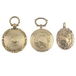 Three lockets. Two of circular outline, with engine turned and floral details to the hinged openings