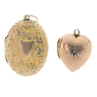 Two early 20th century 9ct gold lockets. The first a heart-shape with old-cut diamond set to the cen