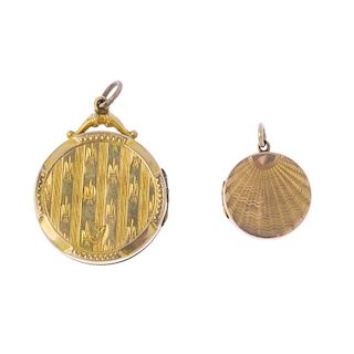 Five 9ct gold back and front lockets. One of circular outline, with scalloped waves engraved front a