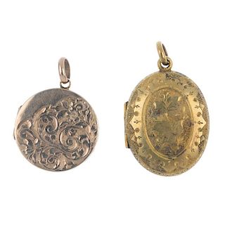 Two gold back and front lockets. The first circular locket with floral and foliate engraving to both