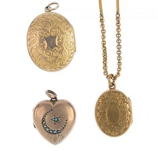 Three lockets. The first of oval outline with acanthus engraved front and back and ribbon design eng