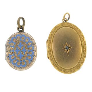 Two 9ct gold back and front lockets. Both of oval outline, the first with an old-cut diamond set to