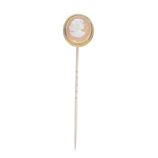 A cameo stickpin. The cameo depicting a gentleman in profile, to the rope-twist surround. Length 7.2
