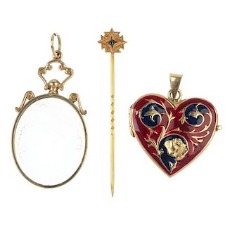 A stickpin, a photograph pendant and a locket. The pendant designed as a heart with scrolling branch