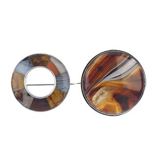 Two agate brooches. The first designed as an open circle, with eight sections of vari-coloured agate