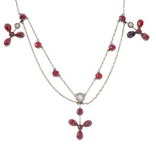 Three items of garnet and red paste jewellery. To include a necklace, designed as a chain suspending