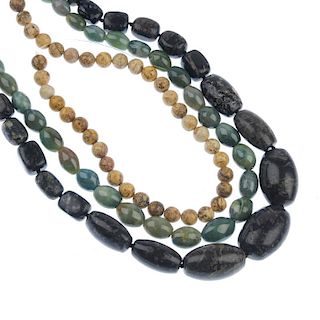 A selection of mainly agate necklaces. To include a necklace with barrel-shape and spherical agate b