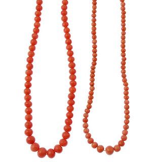 Three items of coral jewellery. To include two graduated bead necklaces, beads measuring 4 to 8mm an