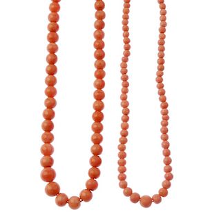 Two coral bead necklaces. Both designed as graduated beads measuring 3 to 7mm and 4 to 9mm. Coral un