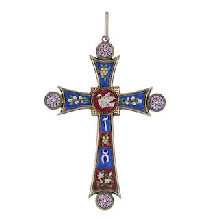 A late 19th century micro mosaic cross pendant. Depicting the dove of peace, with religious and Maso