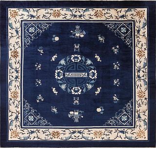 ANTIQUE CHINESE BLUE SQUARE ROOM SIZE RUG. 12 ft x 11 ft 6 in (3.66 m x 3.51 m).