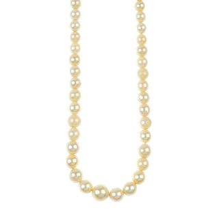 A cultured pearl necklace. Comprising a single row of graduated cultured pearls to the marquise-shap