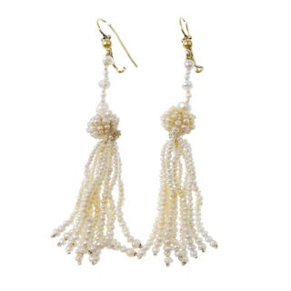 A selection of pearl jewellery. To include a pair of seed pearl tassel design ear pendants, a leaf d