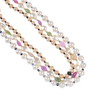 Three cultured pearl and multi-gem necklaces. The first designed as alternating cultured pearls and