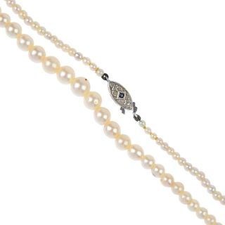 Two pearl necklaces. Both designed as single rows of graduated cultured pearls, to the marquise-shap