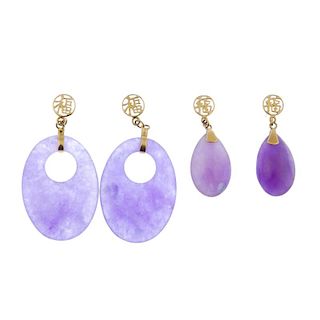 Three pairs of dyed jade ear pendants. Two of identical design, the oval-shape dyed lilac jade suspe
