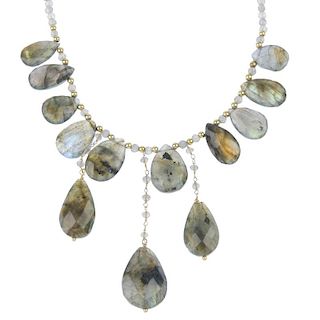 A labradorite necklace. The single strand of circular labradorite beads, suspending further pear-sha