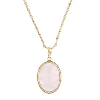 A 9ct gold rose quartz pendant. The fancy-link chain suspending an oval-shape rose quartz cabochon w