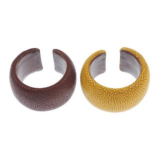 Two dyed stingray cuffs. Signed Maximos. Inner diameter 5cms. Width 4cms. <br><br>Overall condition