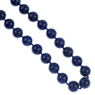 A lapis lazuli bead necklace with earrings, cufflinks and brooch. The necklace comprising twenty-fiv
