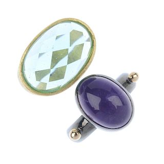 A selection of five gem-set and paste rings. To include an amethyst cabochon single-stone ring, a he