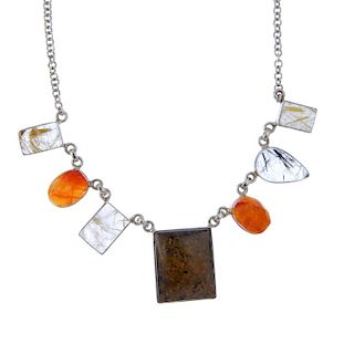 A selection of silver and white metal gem-set jewellery. To include a pendant, the rectangular smoke