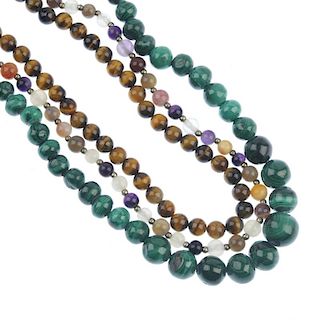 A selection of gem necklaces. To include a number of malachite bead necklaces two tiger's-eye neckla