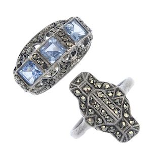 A selection of marcasite jewellery. To include a bracelet set with five circular turquoise cabochons