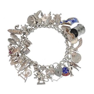 Three charm bracelets. The three curb-link charms suspending a total of sixty charms to include an e