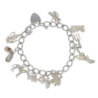 Three charm bracelets. The three curb-link chains suspending twenty charms including a hinged shell