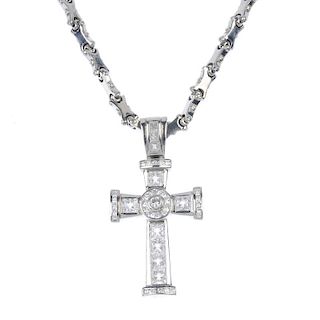 A silver cubic zirconia cross pendant and silver fancy-link chain. Hallmarks for London. Weight 132.