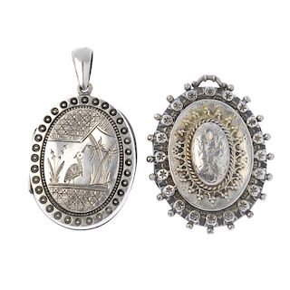Two late Victorian silver lockets. Both of oval outline, the first engraved to depict a heron within