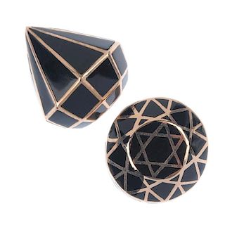 A selection of six dress rings. Each of various geometric designs. Total weight 90.8gms. <br><br>Tot