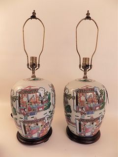 PAIR CHINESE POLYCHROMED LAMPS