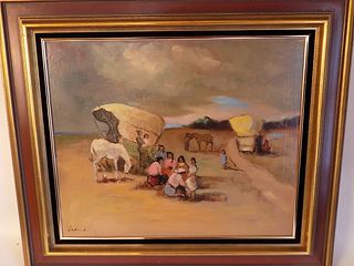 SIGNED OIL PAINTING OF MIGRANTS