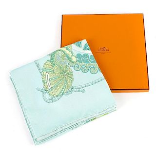 HERMES - a green 'Grands Fonds' silk scarf. Designed by Annie Faivre, featuring four large decorativ
