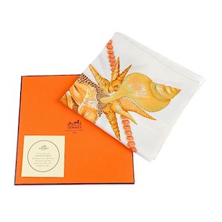 HERMES - a white 'Rocaille' silk scarf. Designed by Valerie Dawlat Dumoulin, featuring a decorative