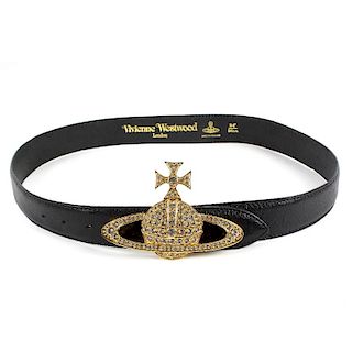 Three items of designer accessories. To include a Vivienne Westwood black leather orb belt, featurin