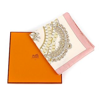 HERMES - a pink 'Kosmima' silk scarf. Designed by Julie Abadie, featuring a chain and coin motif in