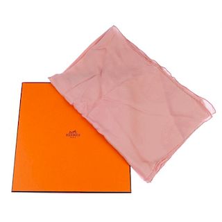 HERMES - a pink sheer silk logo scarf. Subtlety featuring maker's circular logo in a variety of size