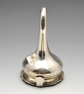 A George III provincial silver wine funnel, the bulbous body crested and with detachable sieve and f