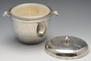 A modern silver mounted ice bucket and cover, the plain slightly tapering form with scroll handles,