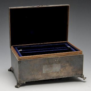 A 1940's silver mounted jewellery box, of rectangular form with engine-turned decoration surrounding